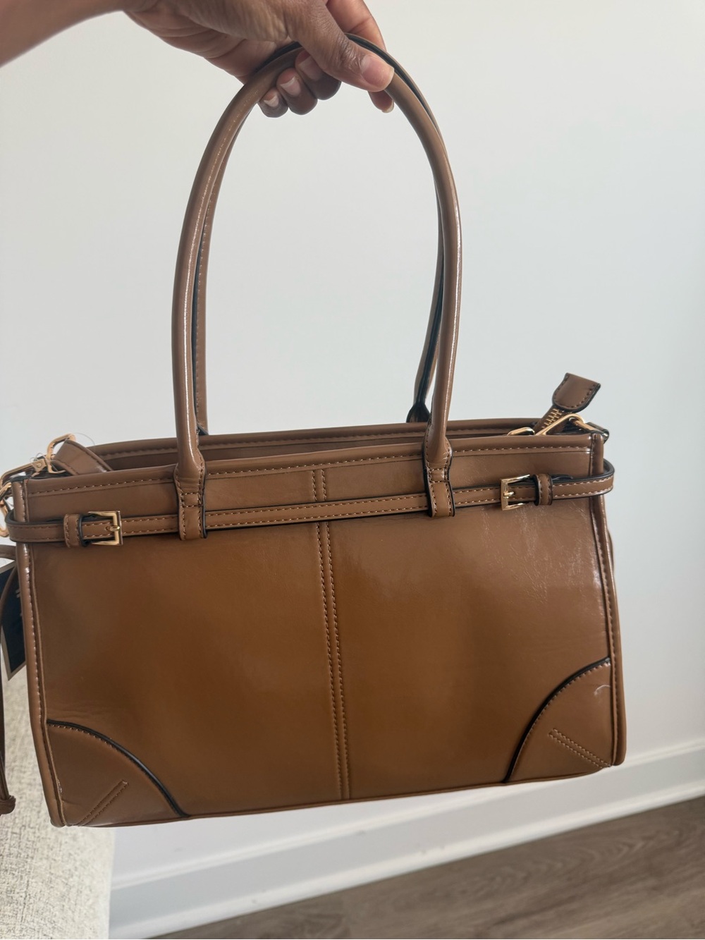 Structured Satchel Handbag in Cognac Brown